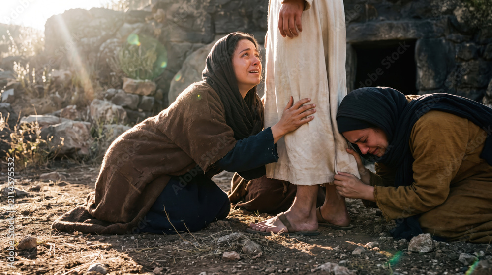 Obraz premium Two women kneeling and touching the robe of Jesus after his resurrection. Biblical scene of Mary Magdalene meeting Christ at the empty tomb. Religious faith, devotion and hope.