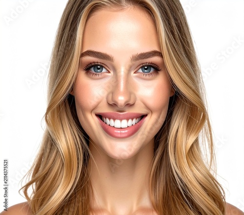 Close-up portrait of a gorgeous smiling blonde woman with glowing skin and white teeth.