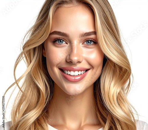 Close-up portrait of a happy smiling blonde woman showing healthy white teeth.