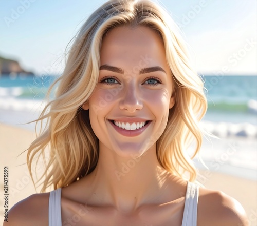 Close-up portrait of a smiling blonde woman at the beach with a sea ocean background.