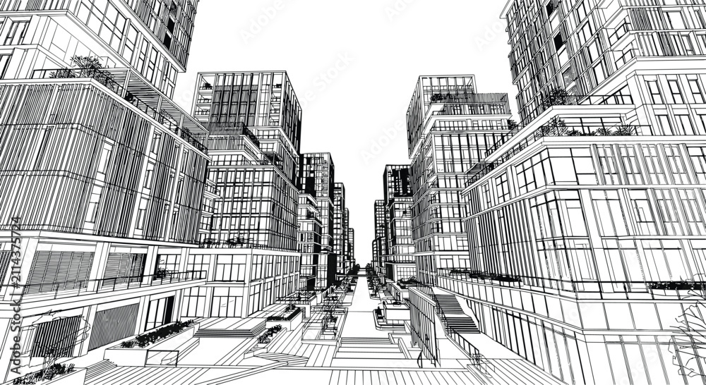 Fototapeta premium Modern Urban Cityscape Architectural Wireframe CAD Drawing with Contemporary High Rise Buildings