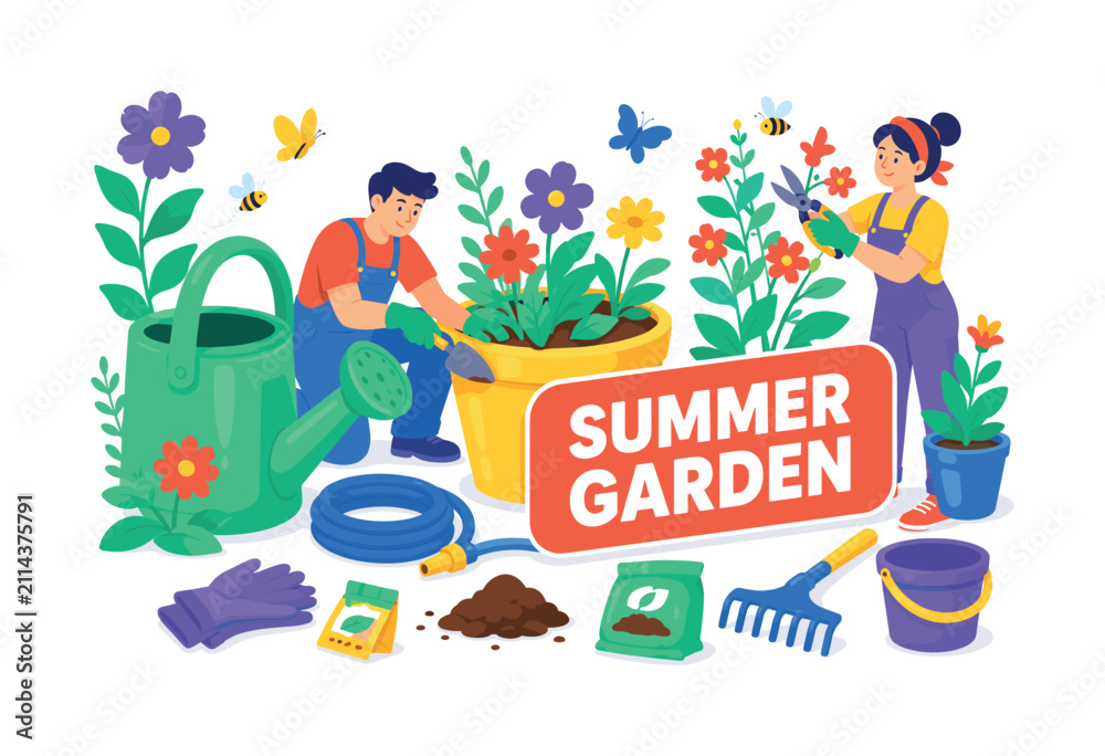 Fototapeta premium Garden Summer Plants banner scene with 2 expressive gardeners tending oversized watering can and large flower pot, one uses trowel while another trims with pruning shears near butterflies and bees,