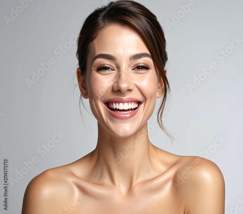 Studio beauty portrait of a smiling brunette woman with bare shoulders against a simple grey background.