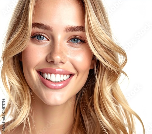 Portrait of a happy blonde woman smiling warmly outdoors in golden sunlight, natural beauty concept.
