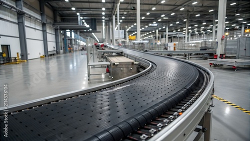Ultra-realistic heavy-duty rubber conveyor belt operating inside a modern automated manufacturing facility. Premium industrial equipment featuring durable vulcanized rubber, precision engineering,