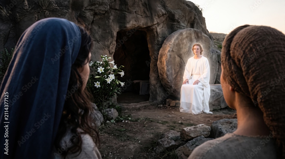 Obraz premium Angel in white robe sitting on stone by open tomb to tell two women that Jesus has risen. Biblical scene from Matthew 28 describing the resurrection of Christ at Easter morning.