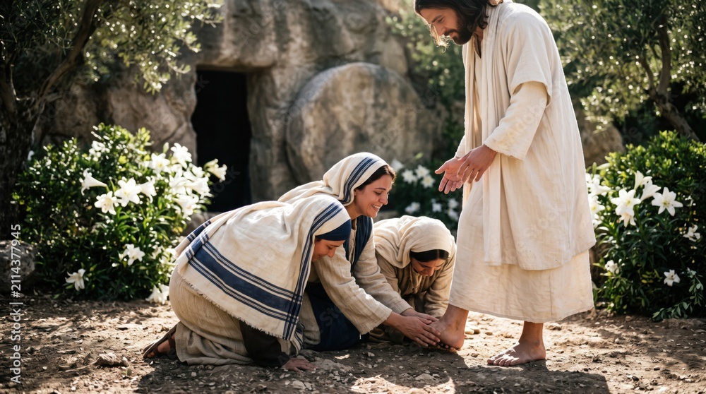 Obraz premium Jesus Christ appears to women after resurrection near the tomb. Biblical scene of Mary Magdalene and Mary touching the feet of resurrected Jesus. Easter holiday Christian faith concept.