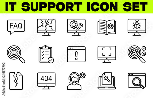 IT Support Icon Set – Tech Support, Troubleshooting, Diagnostics, Maintenance and Cloud Computing Concept, Editable Stroke Vector Illustration
