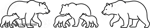 Foto Bear Family and Cubs Line Art Vector Set Isolated on White Background