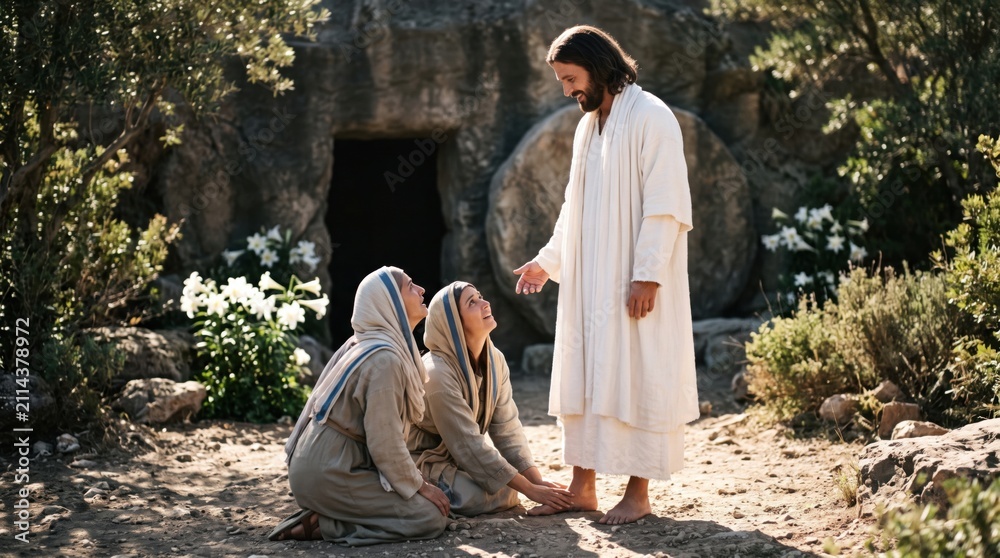 Obraz premium Jesus Christ appears to Mary Magdalene and another woman after his resurrection outside the empty tomb. Biblical scene of faithful women kneeling to worship the risen Lord at Easter.