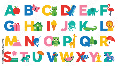 Alphabet set with colorful letters and cute character icons for children education design.