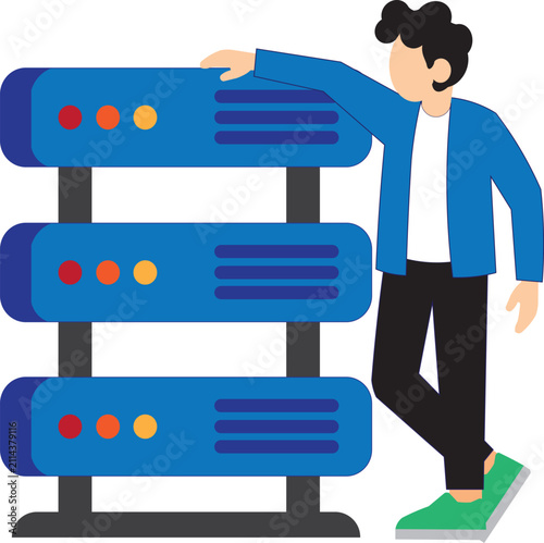 IT Specialist or System Administrator Standing Next to Server Rack Sticker Illustration