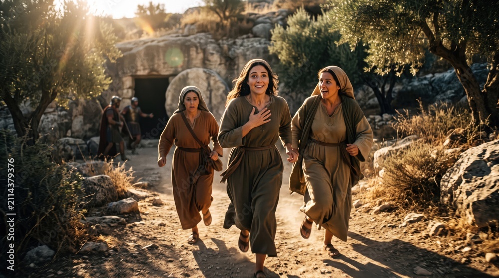 Obraz premium Woman group running away from the empty tomb in biblical clothing. Reenactment of the resurrection of Jesus. Religious scene depicting the discovery of the open grave by Mary Magdalene.