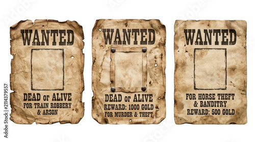 Set of three vintage wanted posters isolated on transparent background
