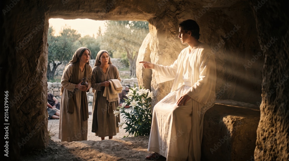 Obraz premium Angel announcing the resurrection of Jesus Christ to women at the empty tomb. Biblical scene of Jesus rising from the dead on Easter. Historical religious narrative of faith.