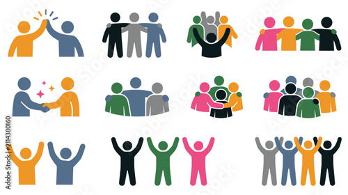 Diversity and inclusion concept icons showing groups of people collaborating and supporting.