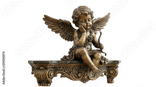 Bronze cherub cupid statue sitting on an ornate wall shelf isolated on transparent background