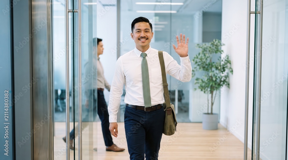 Fototapeta premium Generative AI, Smiling Asian businessman waving hand while walking through modern office corridor