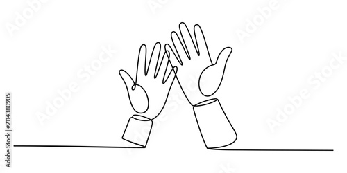Minimalist high five continuous line drawing, two hands clapping in celebration vector, simple outline of hands touching for teamwork and success