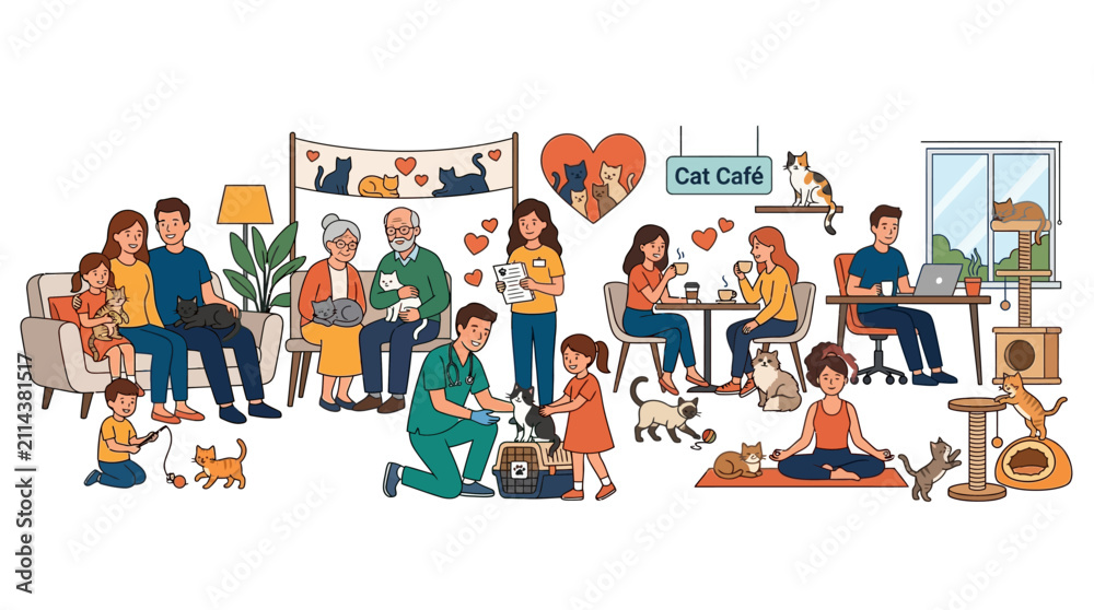Fototapeta premium People interacting with cats in a cozy cafe and shelter environment
