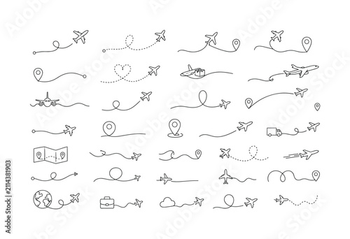 Airplane Route Paths, one-line drawing set of 25 minimal continuous single-line icons: airplane route line, dotted flight path, aircraft tracking trace, plane with map pin, location pin path, heart