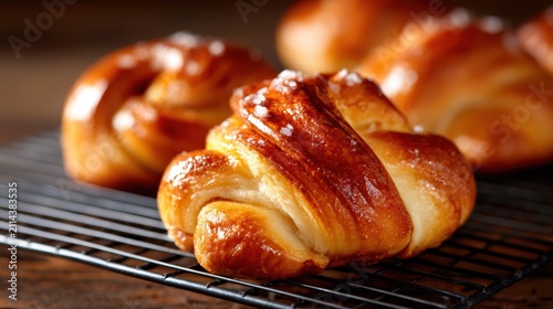 Golden-brown twisted pastries cooling on a wire rack, showcasing their delectable texture and delightful aroma, perfect for any bakery or culinary enthusiast.