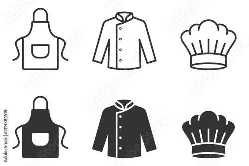 Chef attire icons: apron, jacket, hat - kitchen uniform vector set.