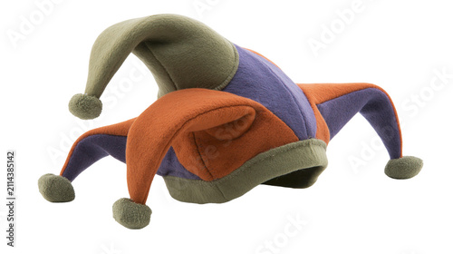 Bild auf Leinwand Jester hat with orange purple, and green sections and pom-poms