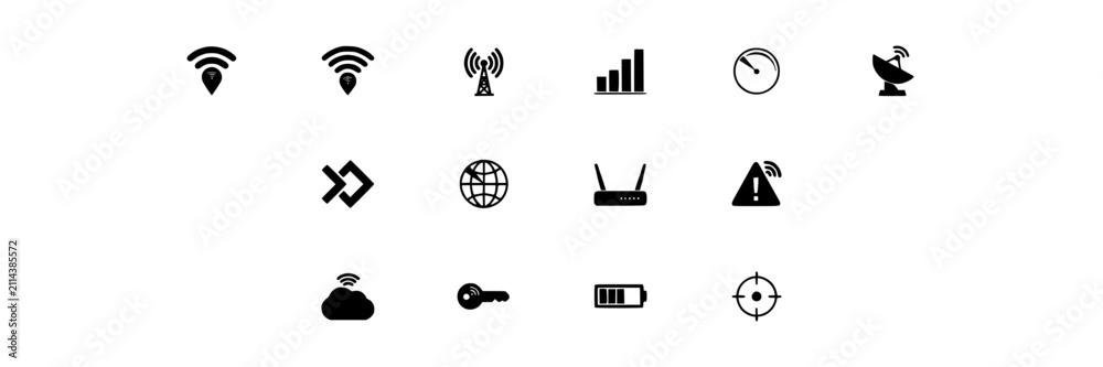 Fototapeta premium Icons Representing Wi-Fi and Signal Concepts Arranged in a Grid Featuring Wi-Fi, Internet, Connection with Network and Wireless