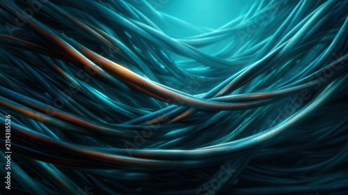 An abstract design featuring intertwined copper and blue wires, creating a dynamic visual representation of connectivity, energy flow, and modern technology in art.