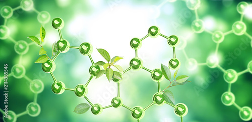 Horizontal sunny background with organic molecular structure and green leaves. 3d glass atom model. Ecology, go green, Green Energy, environmental, conservation protection concept. Copy space for text
