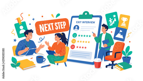 Intern Exit Interview banner with 2 expressive young professionals discussing an oversized exit interview form and giant feedback clipboard, office desk edge, mentor chair, pen, badge, folder, coffee