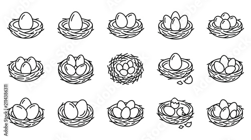 Outline bird nest icons set with eggs and hatching shells linear vector illustration design.