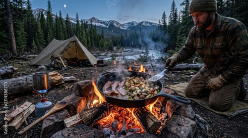 Outdoor Camp Cooking Over Open Fire in Mountain Wilderness