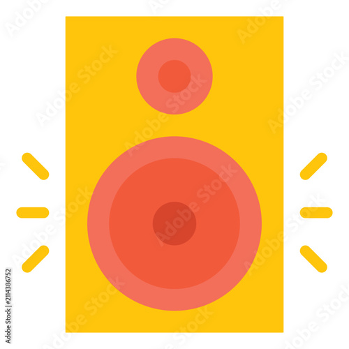 A flat style illustration of a colorful speaker with sound waves emanating from it. Ideal for music-related projects and digital media.
