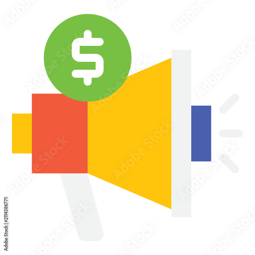 A vibrant megaphone featuring a dollar sign, symbolizing marketing and advertising. This flat design is ideal for promotional materials and business presentations.