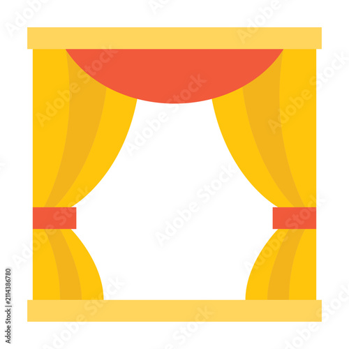 A vector illustration of vibrant yellow stage curtains with a red valance, designed in a flat style. Ideal for theater-related projects and events.