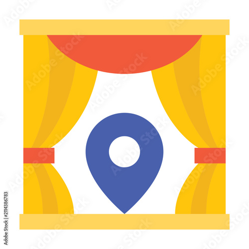 A flat design illustration featuring a theater stage with golden curtains and a central location pin symbol. Ideal for event planning and location-based services.