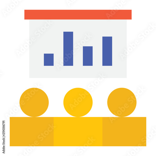 A flat design illustration featuring a bar graph displayed above three abstract figures, representing an audience engaged in a data analysis presentation.