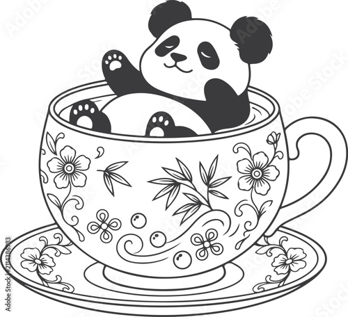 Cute Panda Sitting Inside Floral Teacup Line Art Illustration
