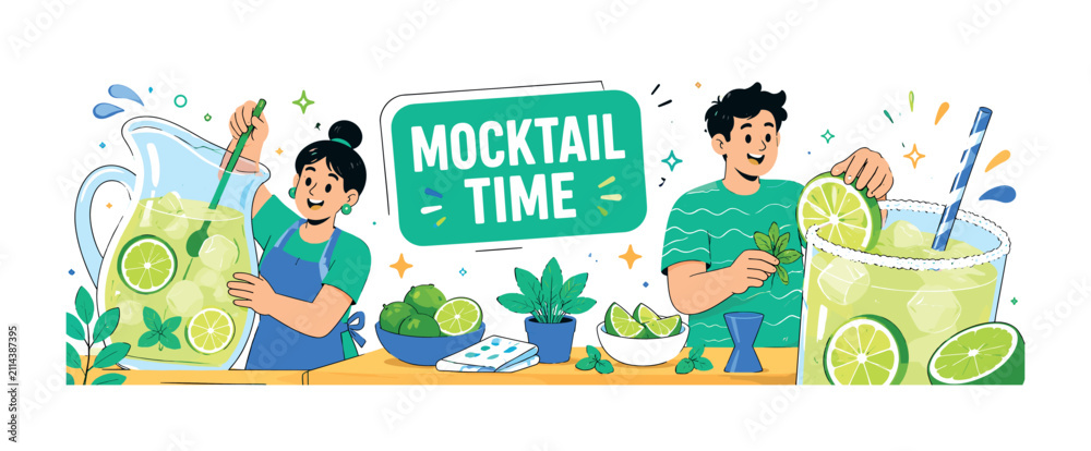 Fototapeta premium Margarita Mocktail Pitcher ? clean editorial banner scene with 2 geometric friends serving a citrus mocktail at a backyard drink station, one oversized lime pitcher stretching from left edge and one