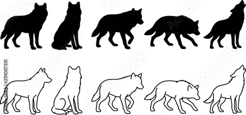 Foto Wolf Silhouette and Line Art Vector Set Featuring Standing, Sitting, Walking, Pr