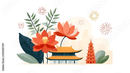 premium vector illustration of Vietnam National Day featuring lotus flowers, bamboo leaves, traditional architecture and festive decorative elements, modern flat design, clean composition