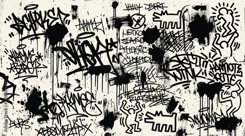 Obraz na płótnie Urban graffiti wall vector background, black hand drawn street art tags and pain