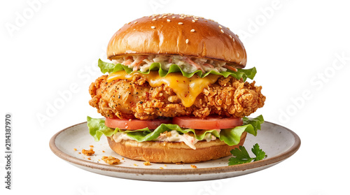 Crispy fried chicken burger with melted cheese and fresh vegetables, gourmet spicy chicken sandwich on brioche bun, delicious fast food meal isolated PNG with Transparent Background