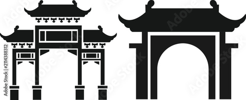 Obraz na płótnie Traditional Chinese Gateway and Architectural Roof Silhouettes Vector Set