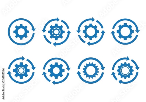 Gears enclosed in rotating arrows illustrate mechanical efficiency and ongoing industrial.