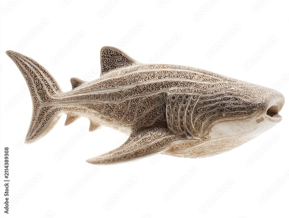 Fototapeta premium Detailed Whale Shark Figurine Isolated On White Background With High Contrast Patterns