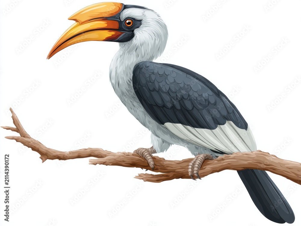 Obraz premium Exotic Tropical Hornbill Bird Perched On A Wooden Branch Isolated On A Plain White Background