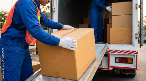 Professional workers loading cardboard boxes onto a delivery truck for relocation and shipping services